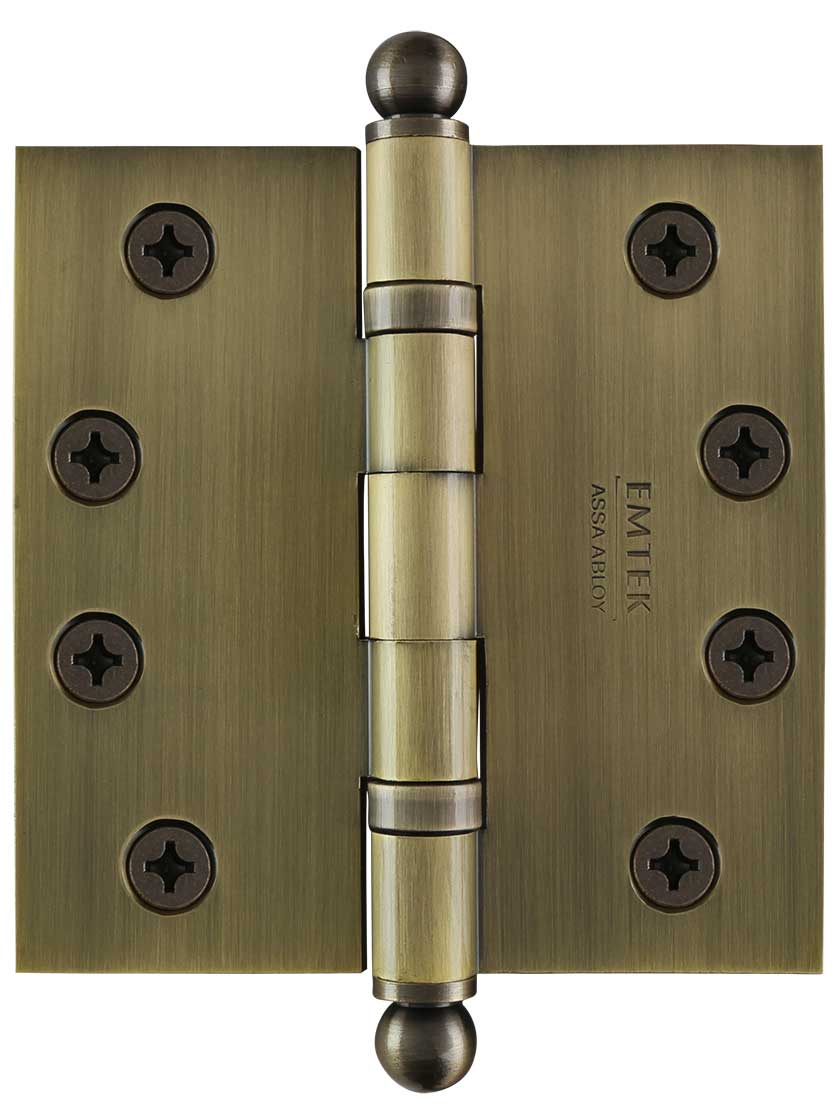 4 inch Solid Brass Ball-Bearing Door Hinge with Ball Tips in Antique Brass.